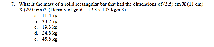 What is the mass of a solid rectangular bar that