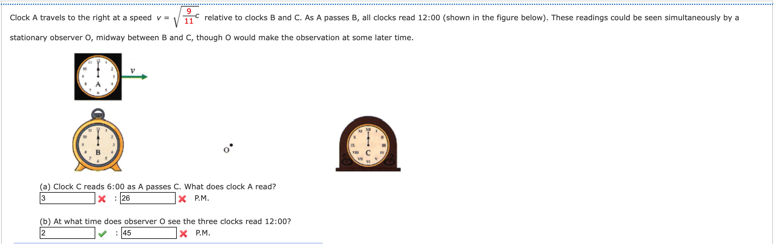 Clock A travels to the right at a speed \ ( v = \