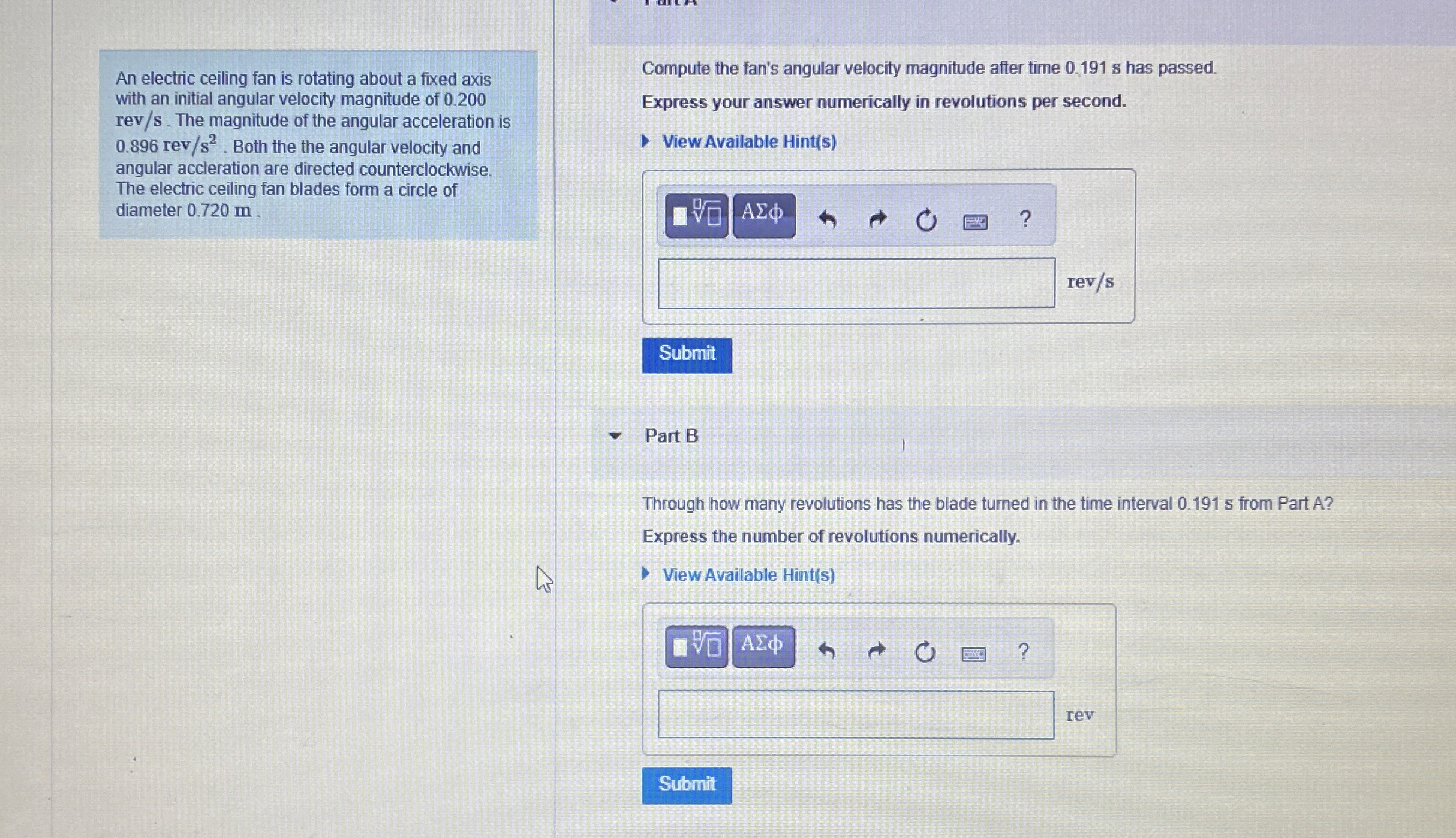 An electric ceiling fan is rotating about a fixed