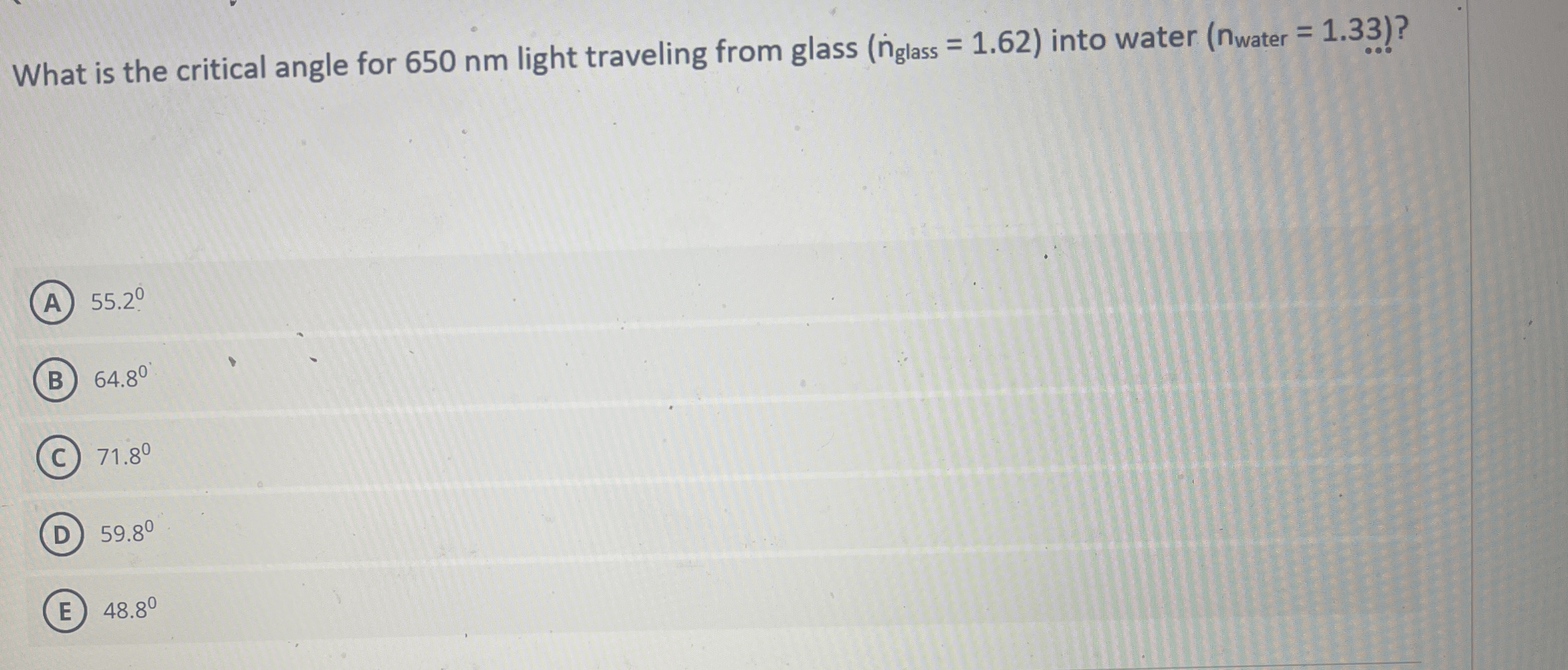 What is the critical angle for 6 5 0 nm light