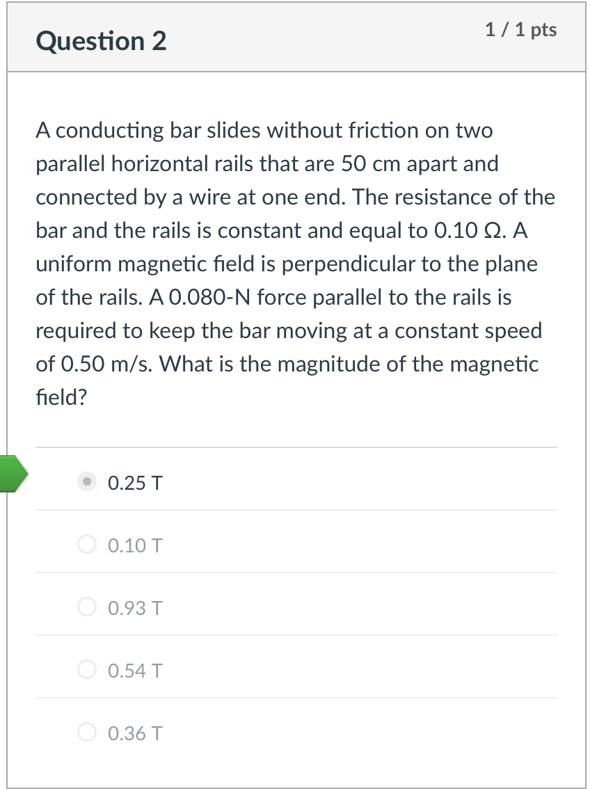 Question 2 1 1 pts A conducting bar slides