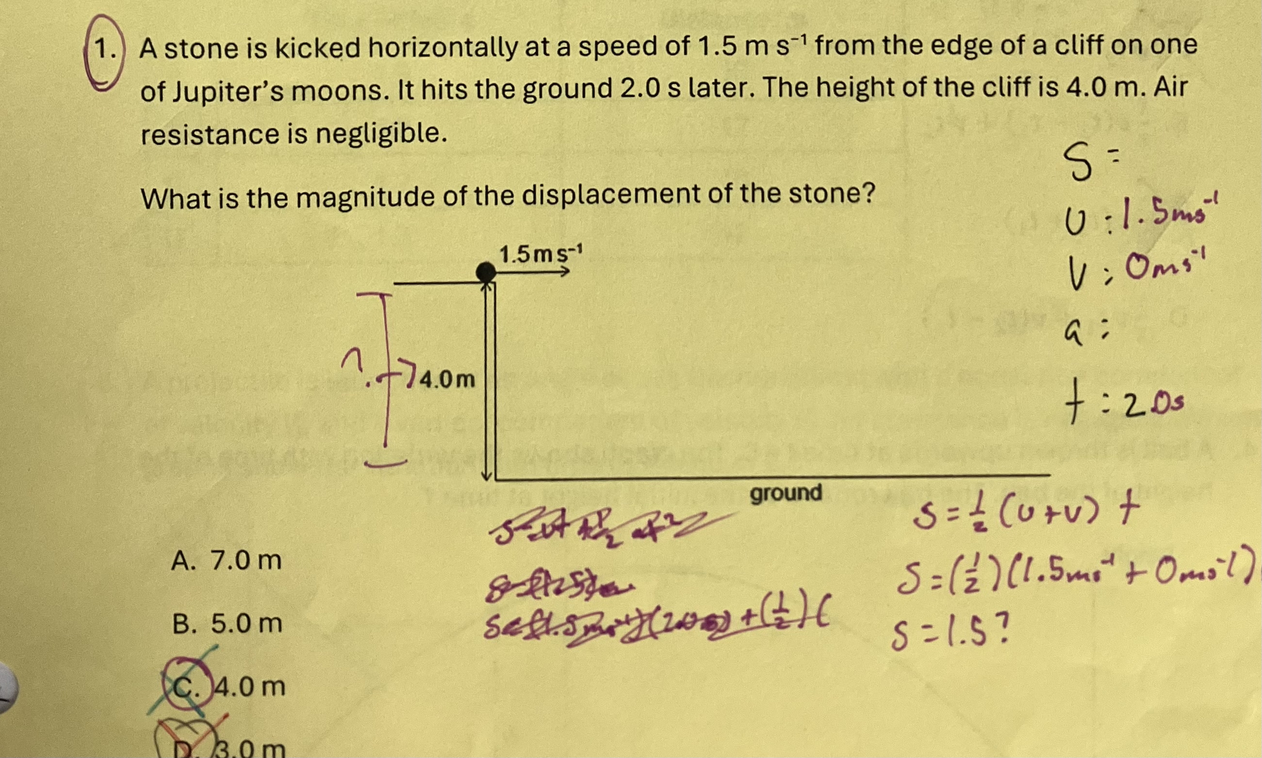 A stone is kicked horizontally at a speed of 1 .