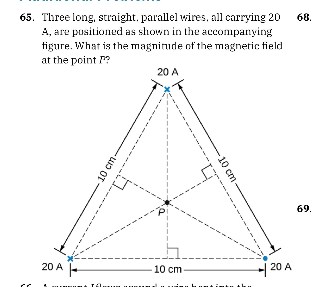 Three long, straight, parallel wires, all
