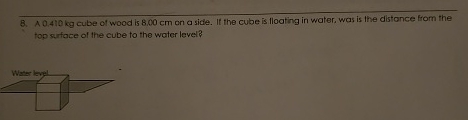 A 0 . 4 1 0 k g cube of wood is 8 . 0 0 cm on a