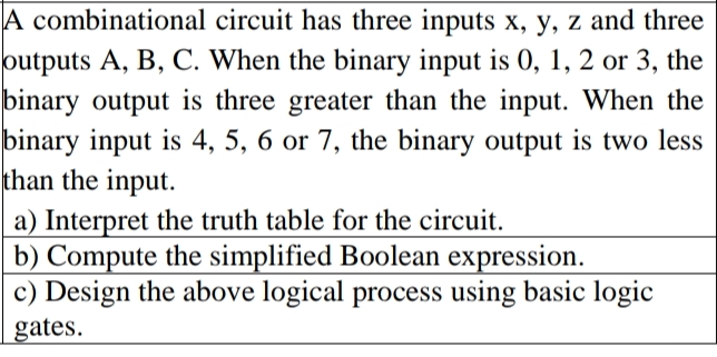 A combinational circuit has three inputs x , y ,