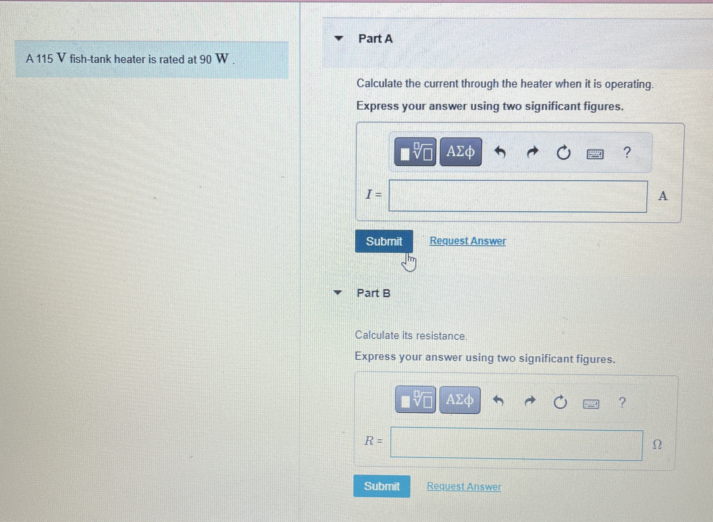 A 1 1 5 V fish - tank heater is rated at 9 0 W .