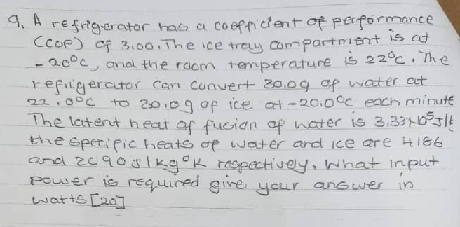 A refrigerator has a coefficient of performance (