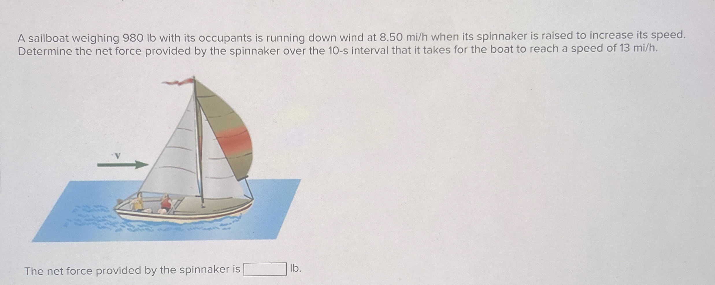 A sailboat weighing 9 8 0 lb with its occupants