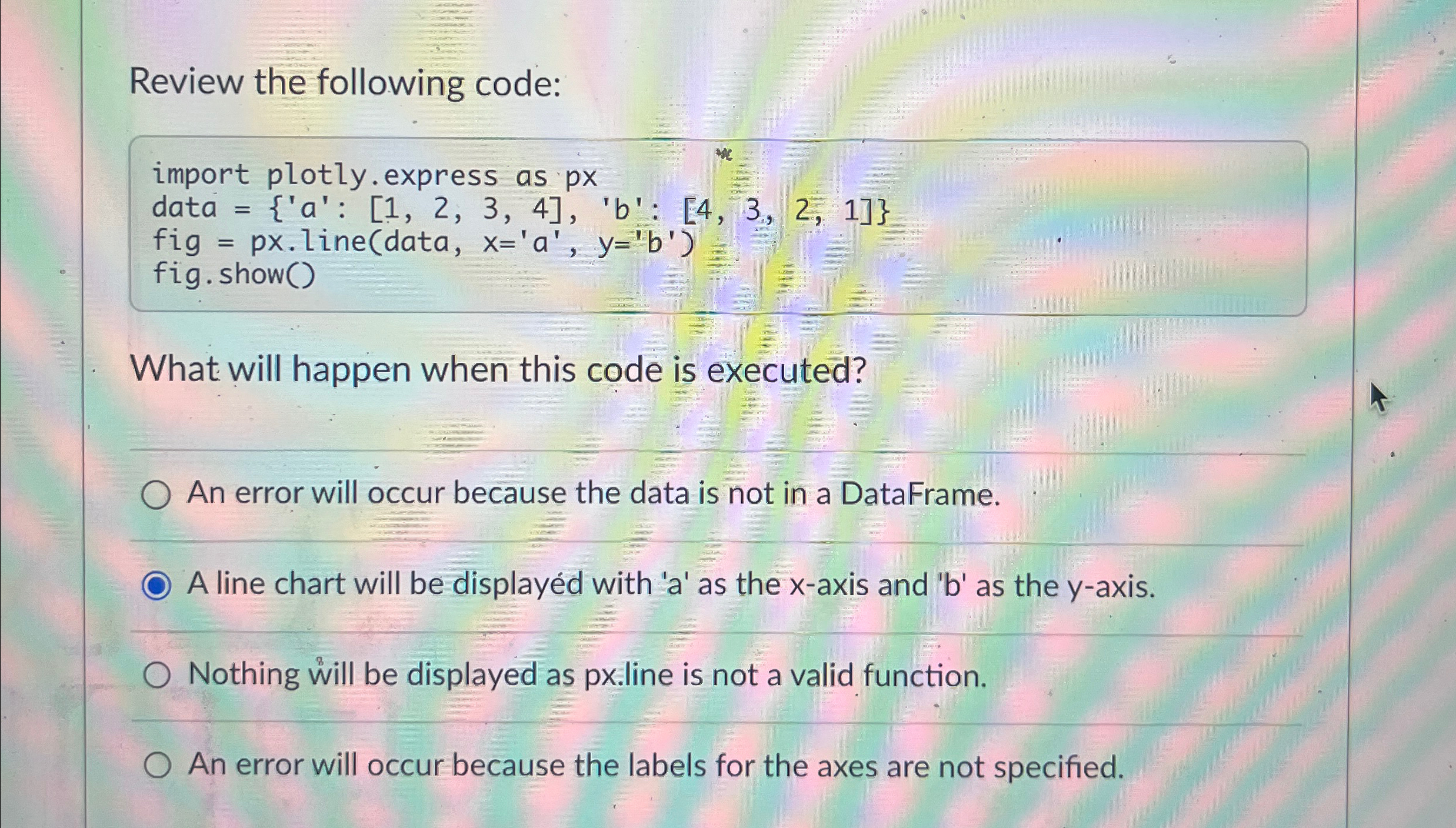 Review the following code:What will happen when