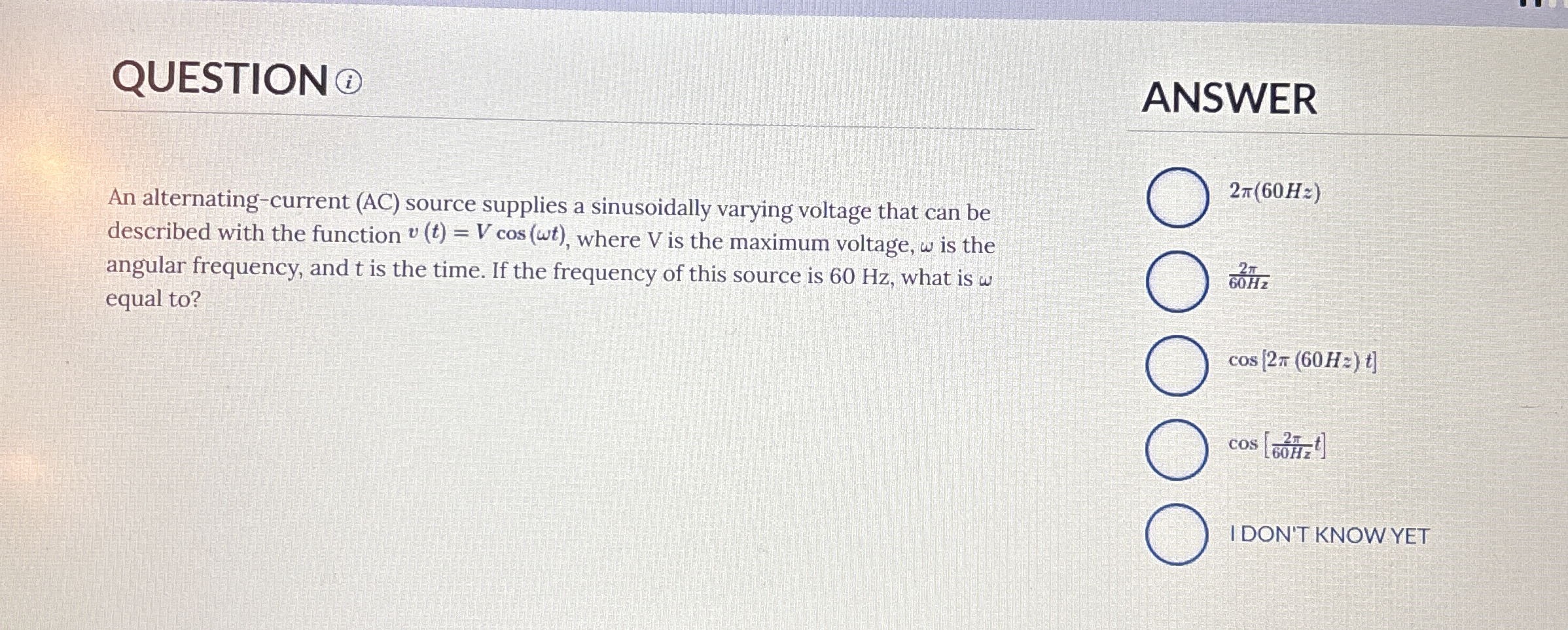 QUESTION ANSWER An alternating - current ( AC )