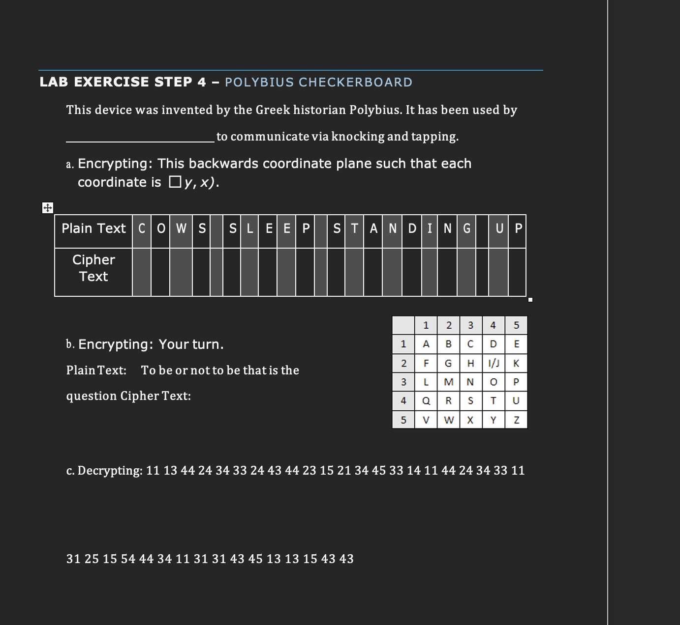LAB EXERCISE STEP 4 - POLYBIUS CHECKERBOARD This
