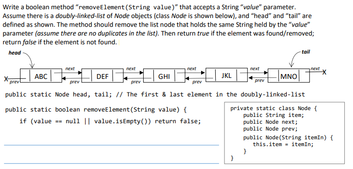 Write a boolean method "removeElement(String
