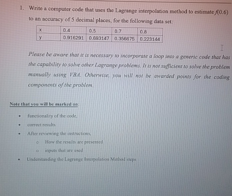 Write a VBA code that uses the Lagrange