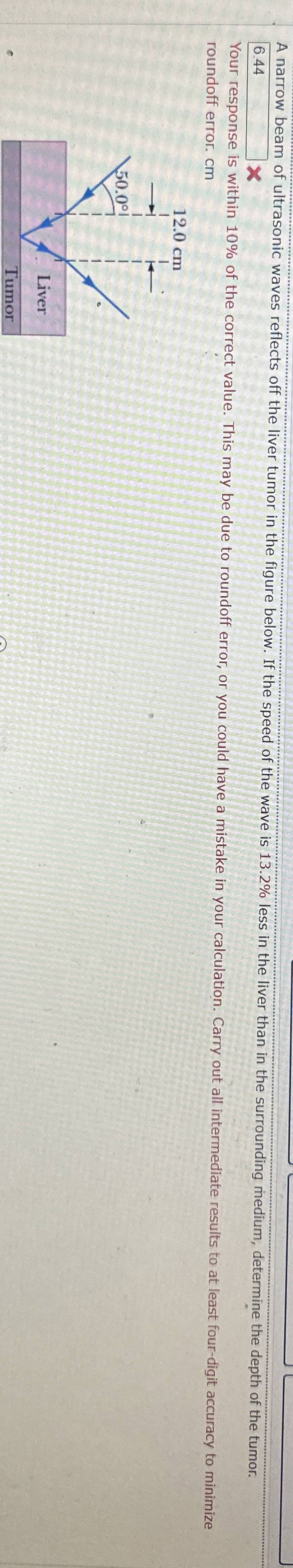 A narrow beam of ultrasonic waves reflects off