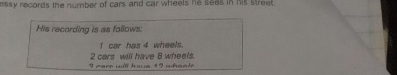 nssy records the number of cars and car wheels he