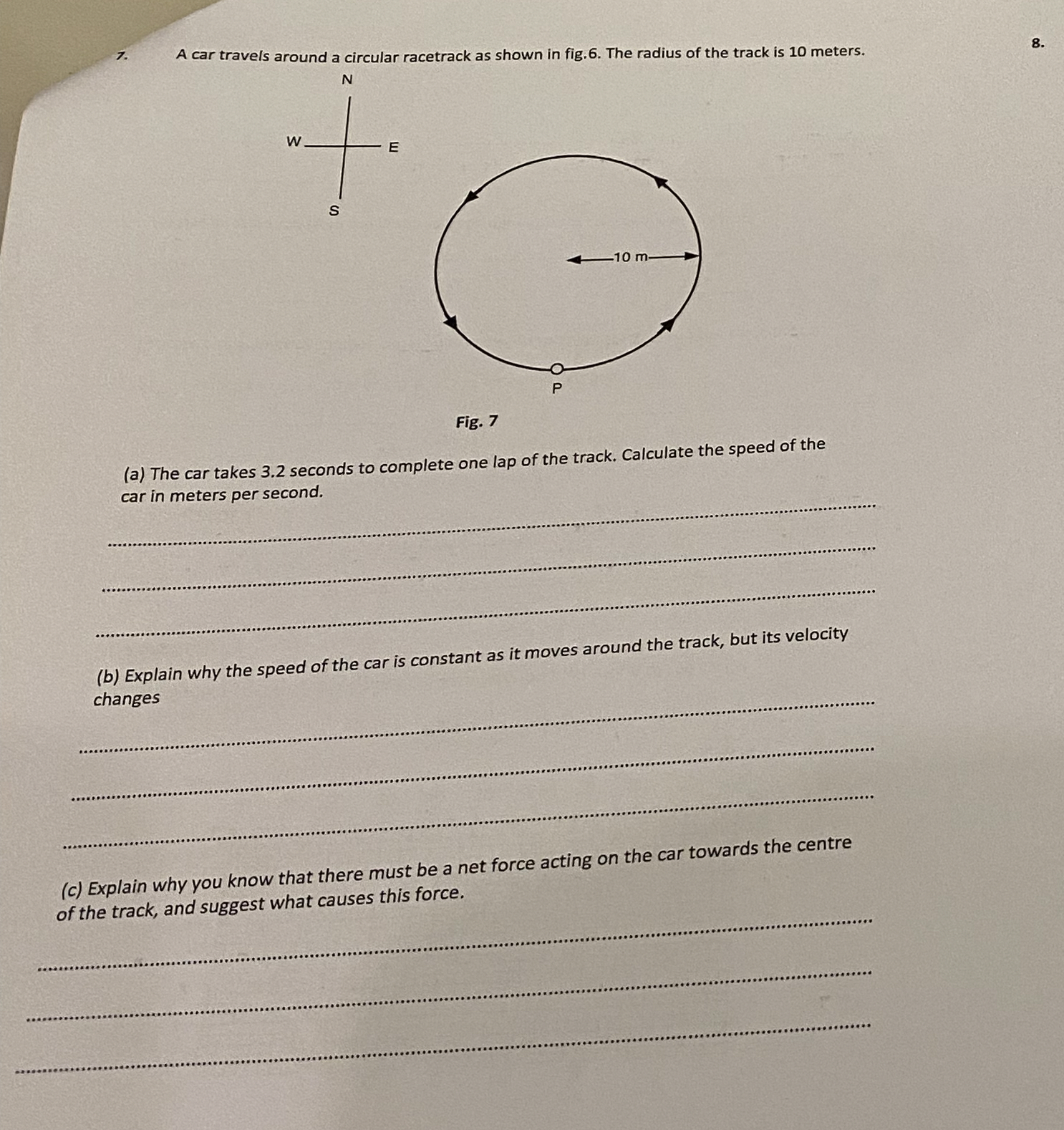 A car travels around a circular racetrack as