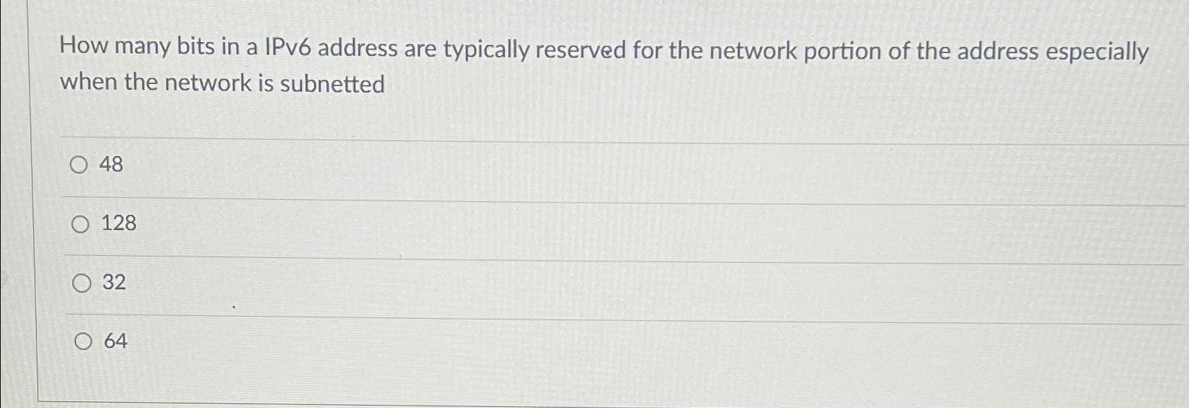 How many bits in a IPv 6 address are typically