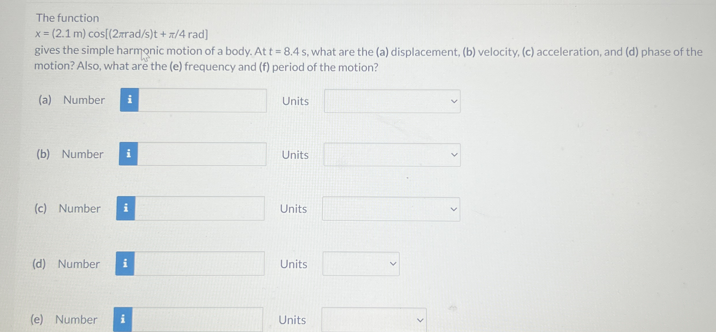 The function x = ( 2 . 1 m ) c o s [ ( 2 r a d s