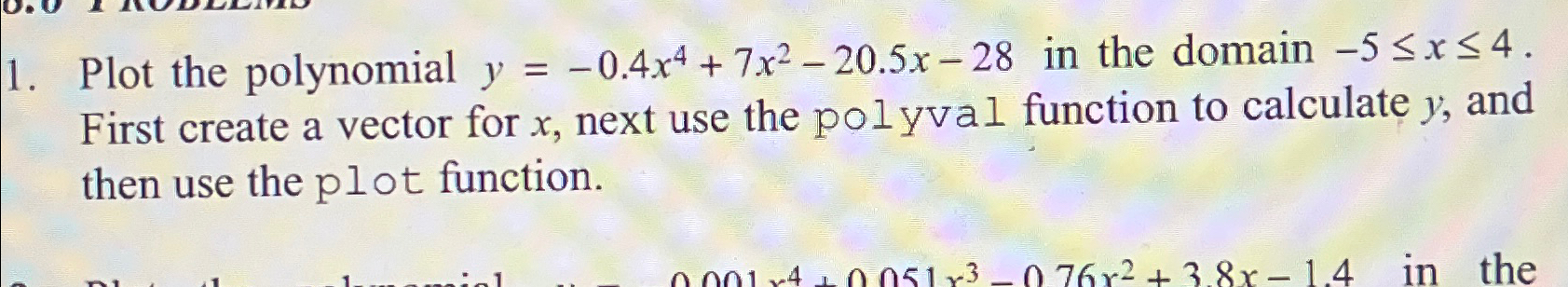 Plot the polynomial y = - 0 . 4 x 4 + 7 x 2 - 2 0