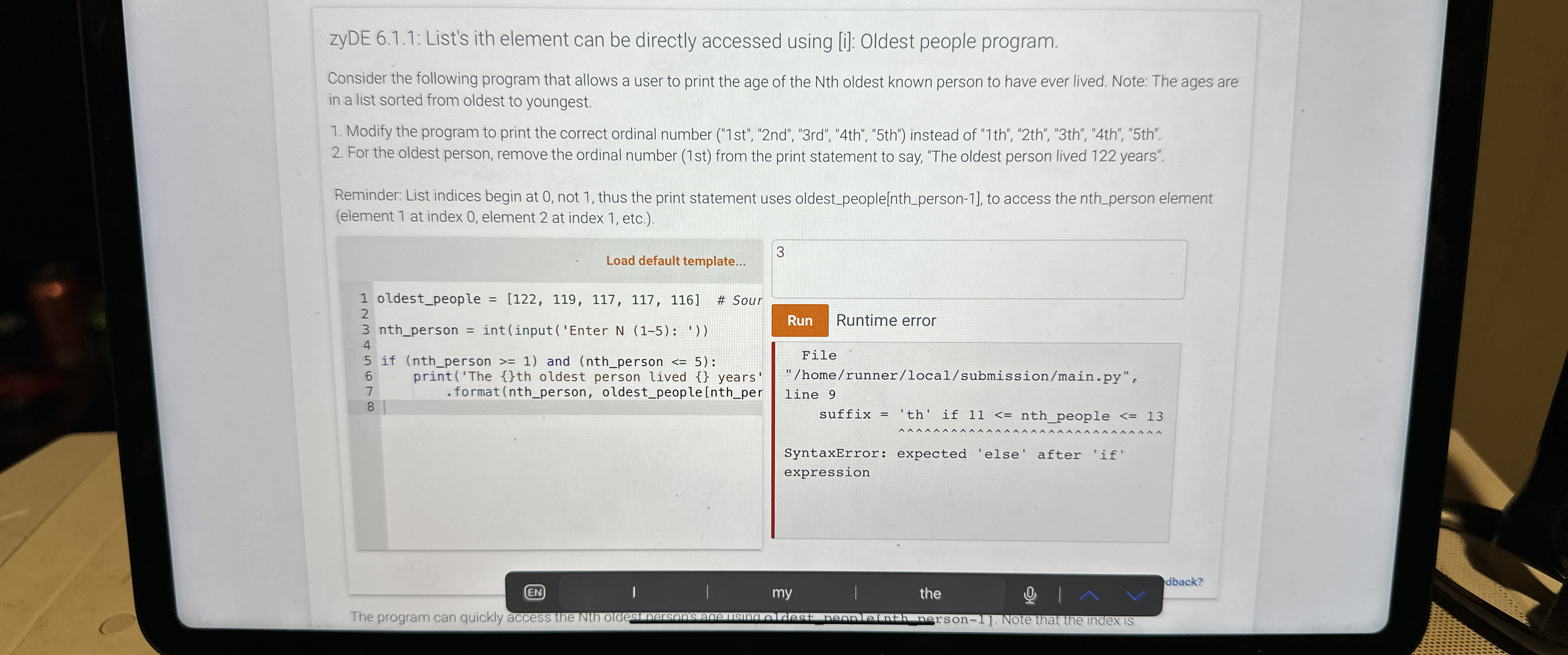 zyDE 6 . 1 . 1 : List's ith element can be