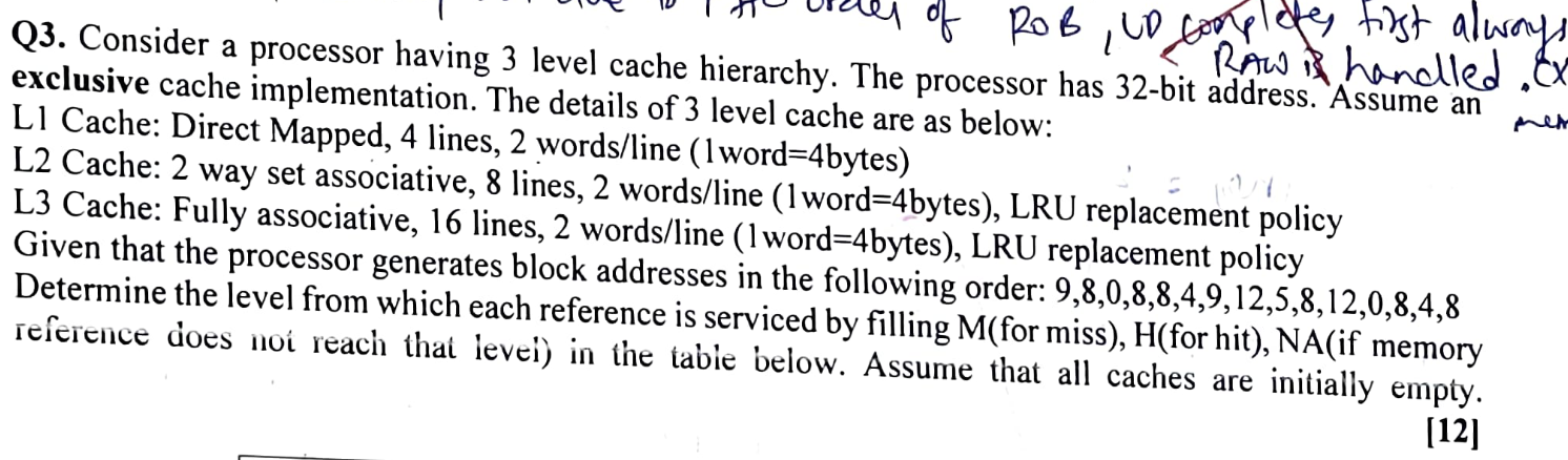 Q 3 . Consider a processor having 3 level cache