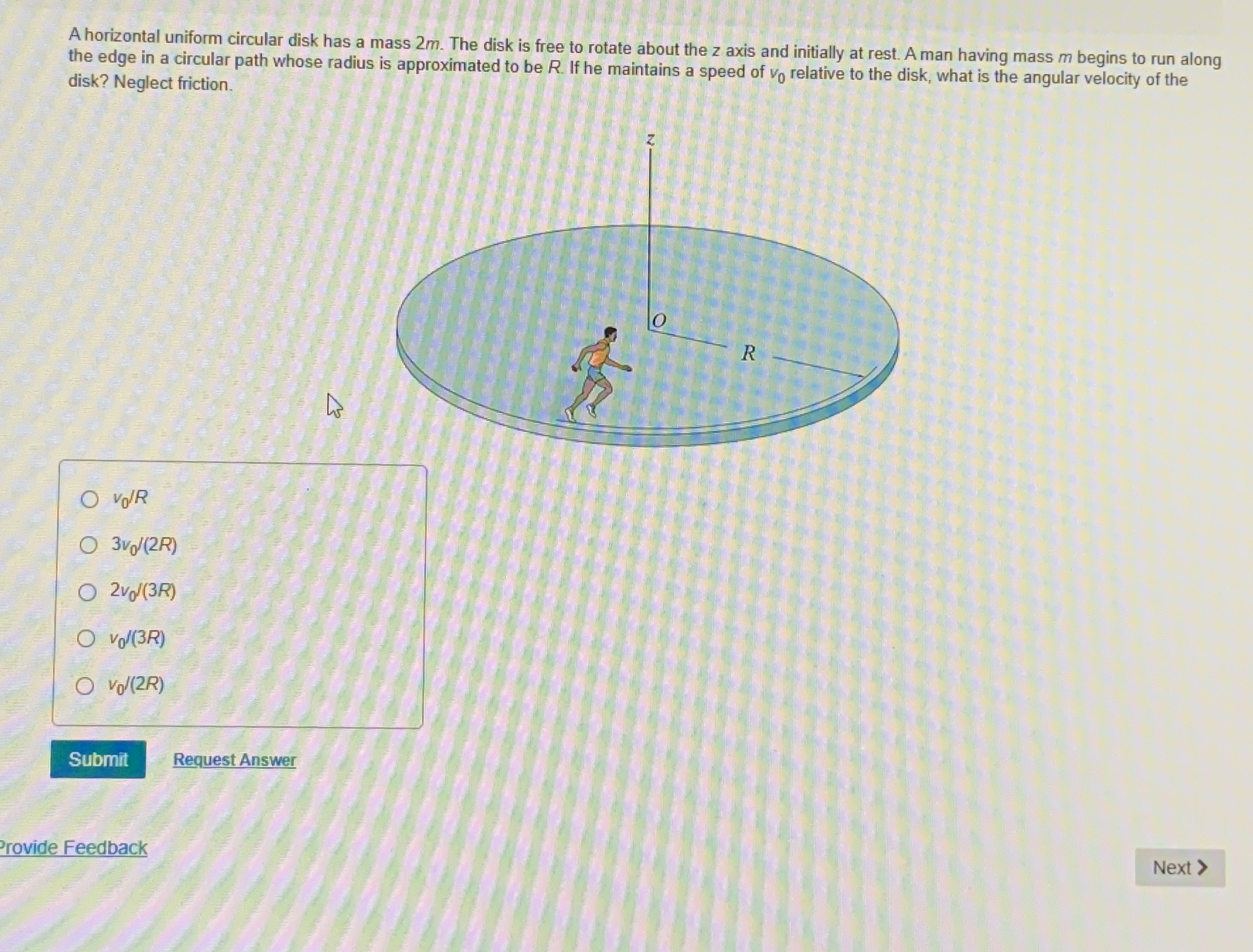 A horizontal uniform circular disk has a mass 2 m