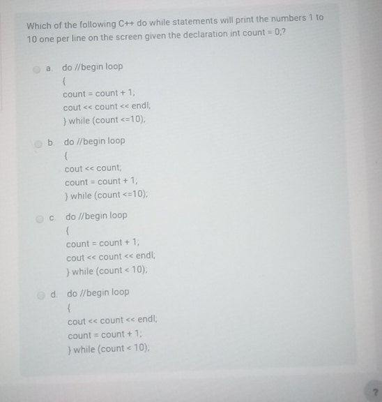 Which of the following C + + do while statements