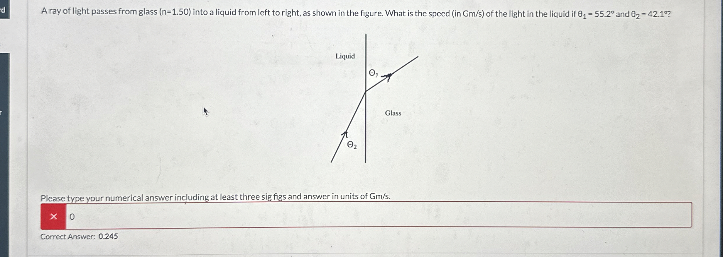 A ray of light passes from glass ( n = 1 . 5 0 )
