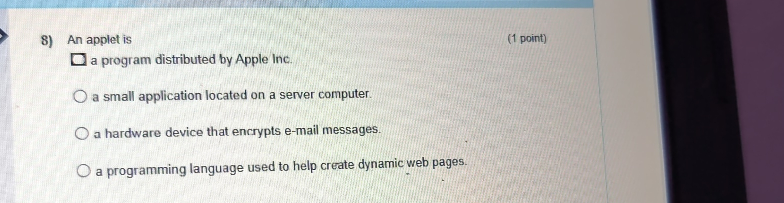 An applet is ( 1 point ) a program distributed by