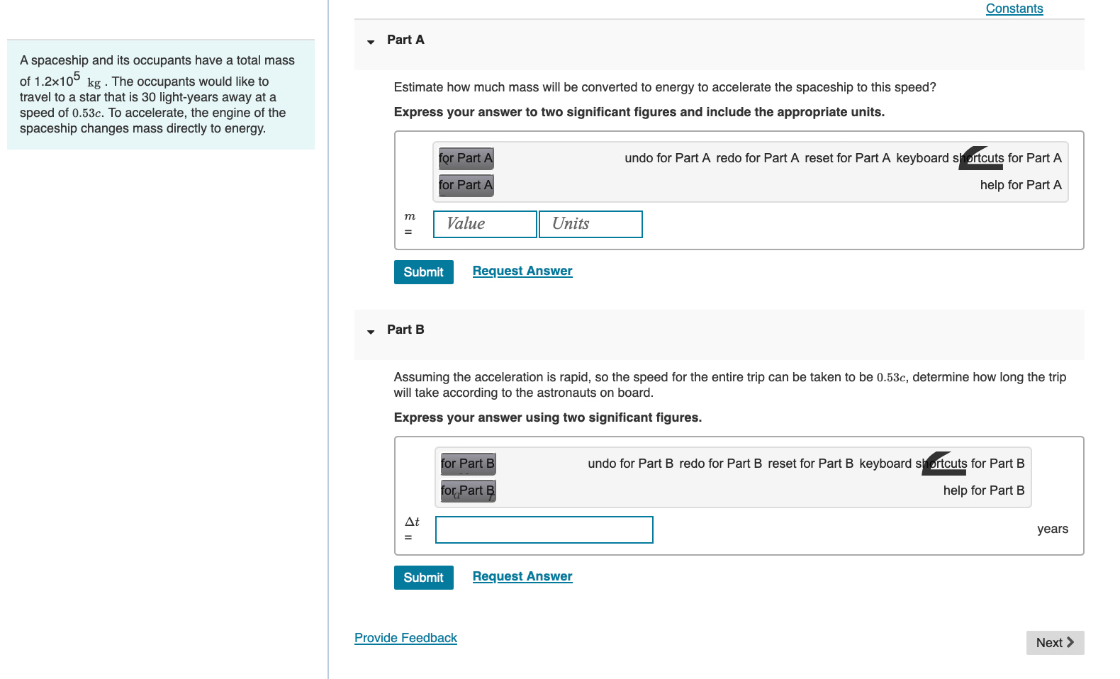 A spaceship and its occupants have a total mass