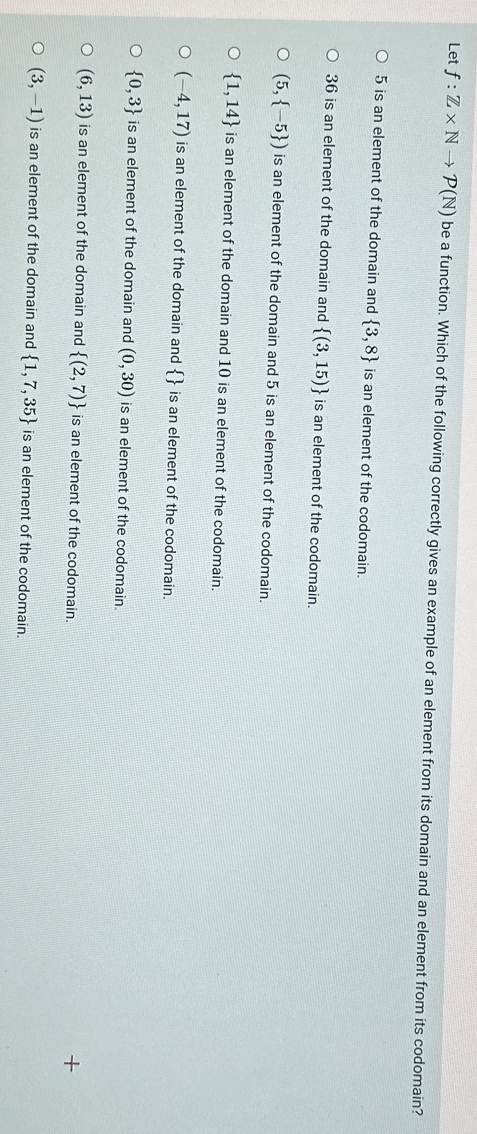 Let f : Z N P ( N ) be a function. Which of the