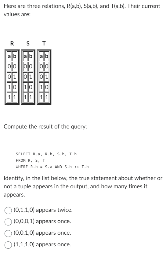 Here are three relations, R ( a , b ) , S ( a , b