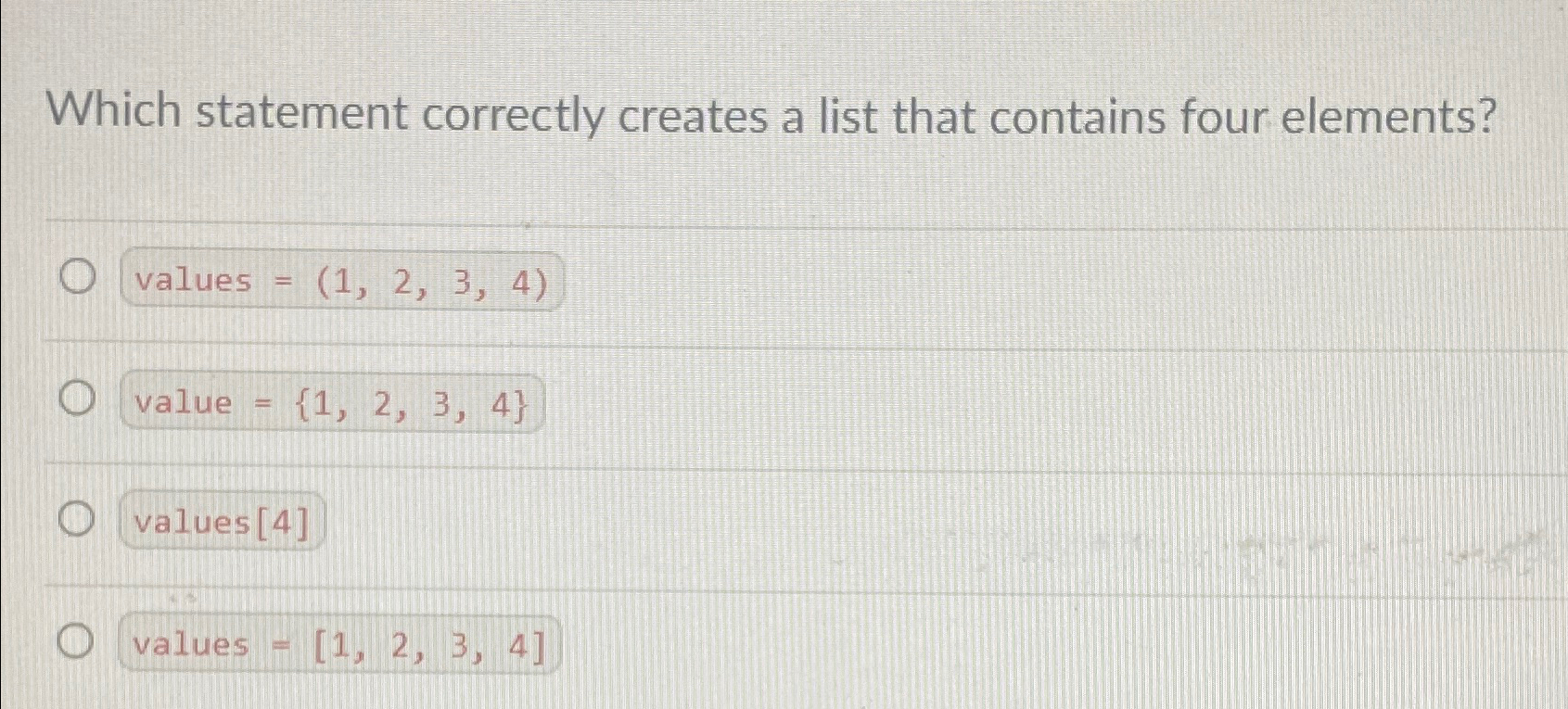 Which statement correctly creates a list that