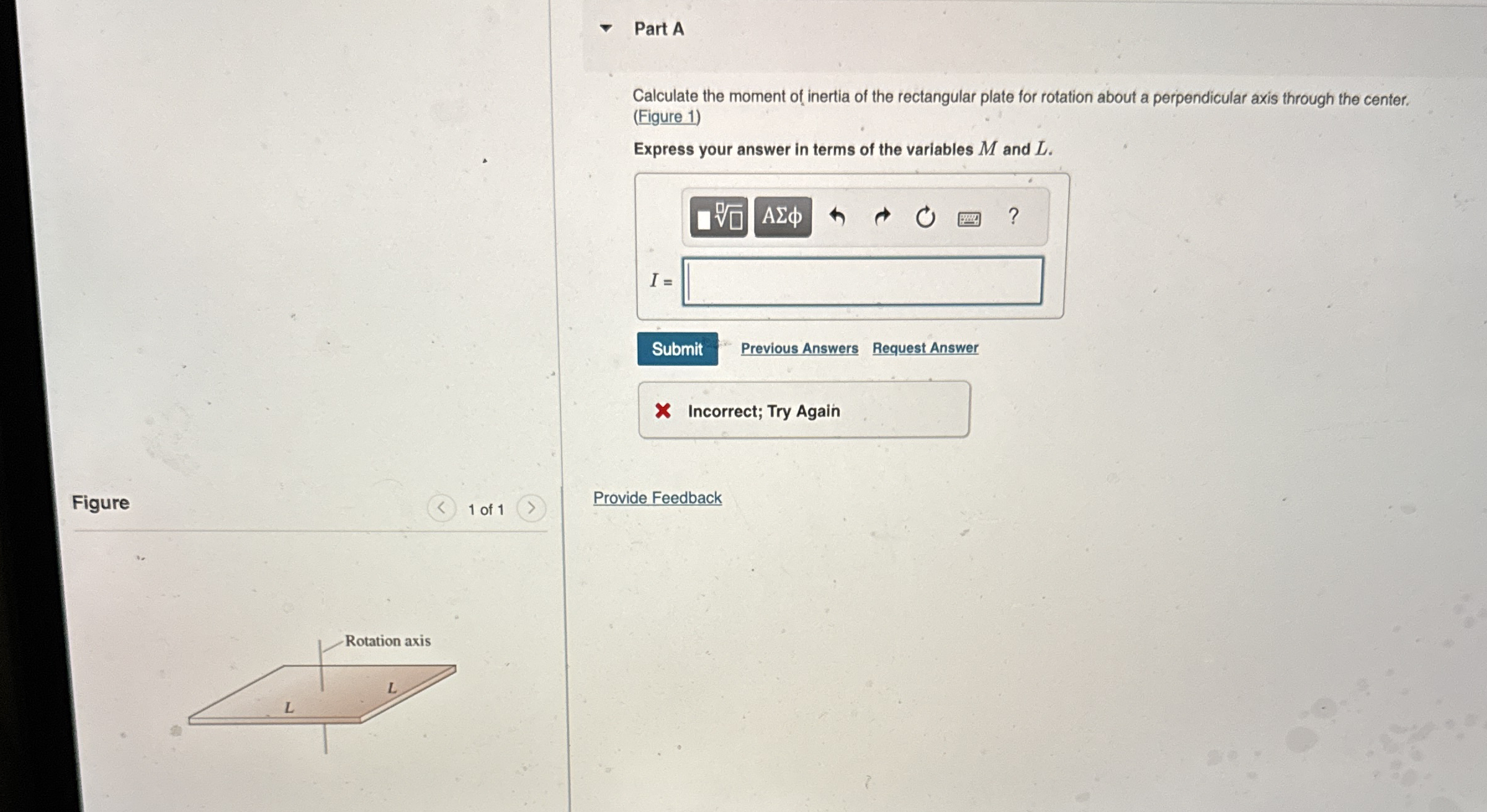 Part A Calculate the moment of inertia of the