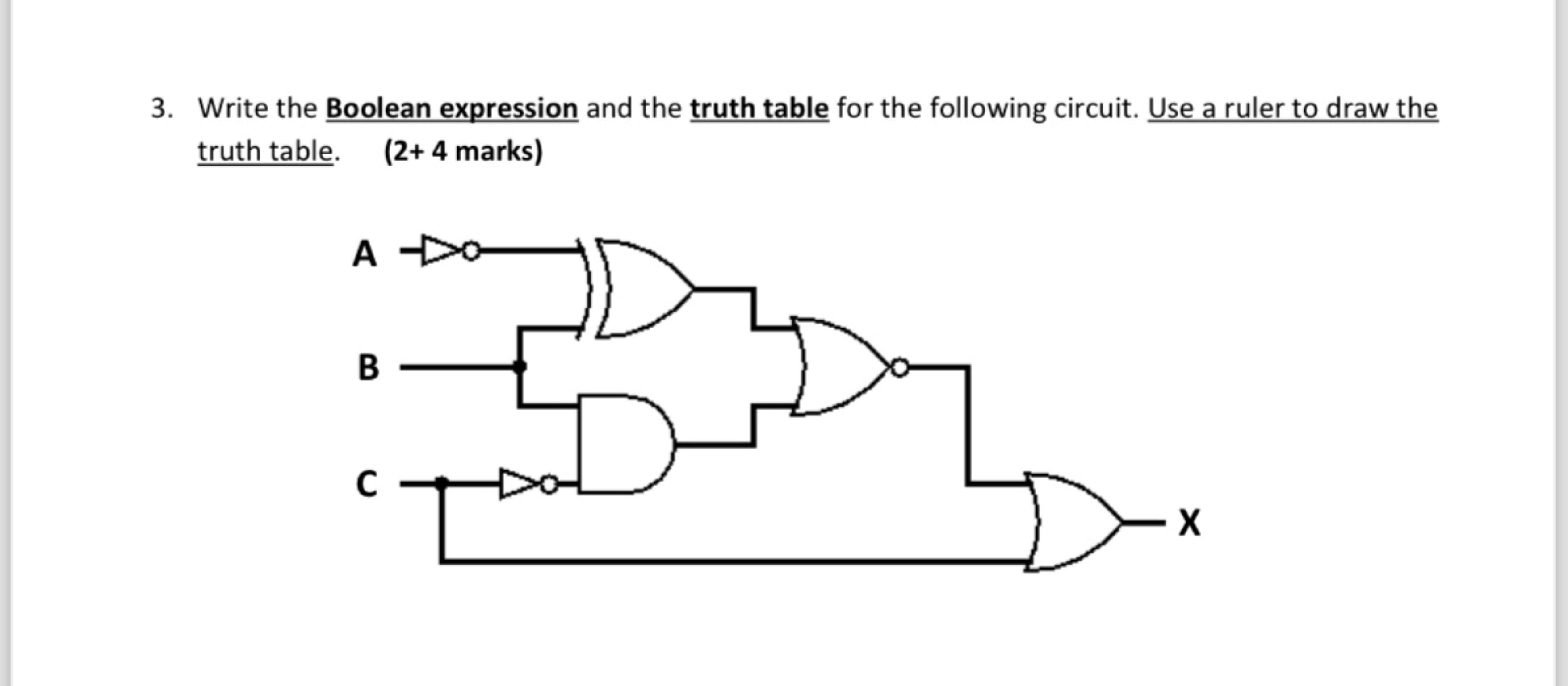 Write the Boolean expression and the truth table