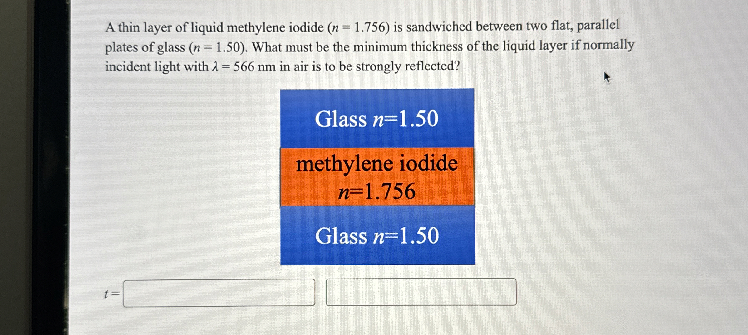 A thin layer of liquid methylene iodide ( n = 1 .