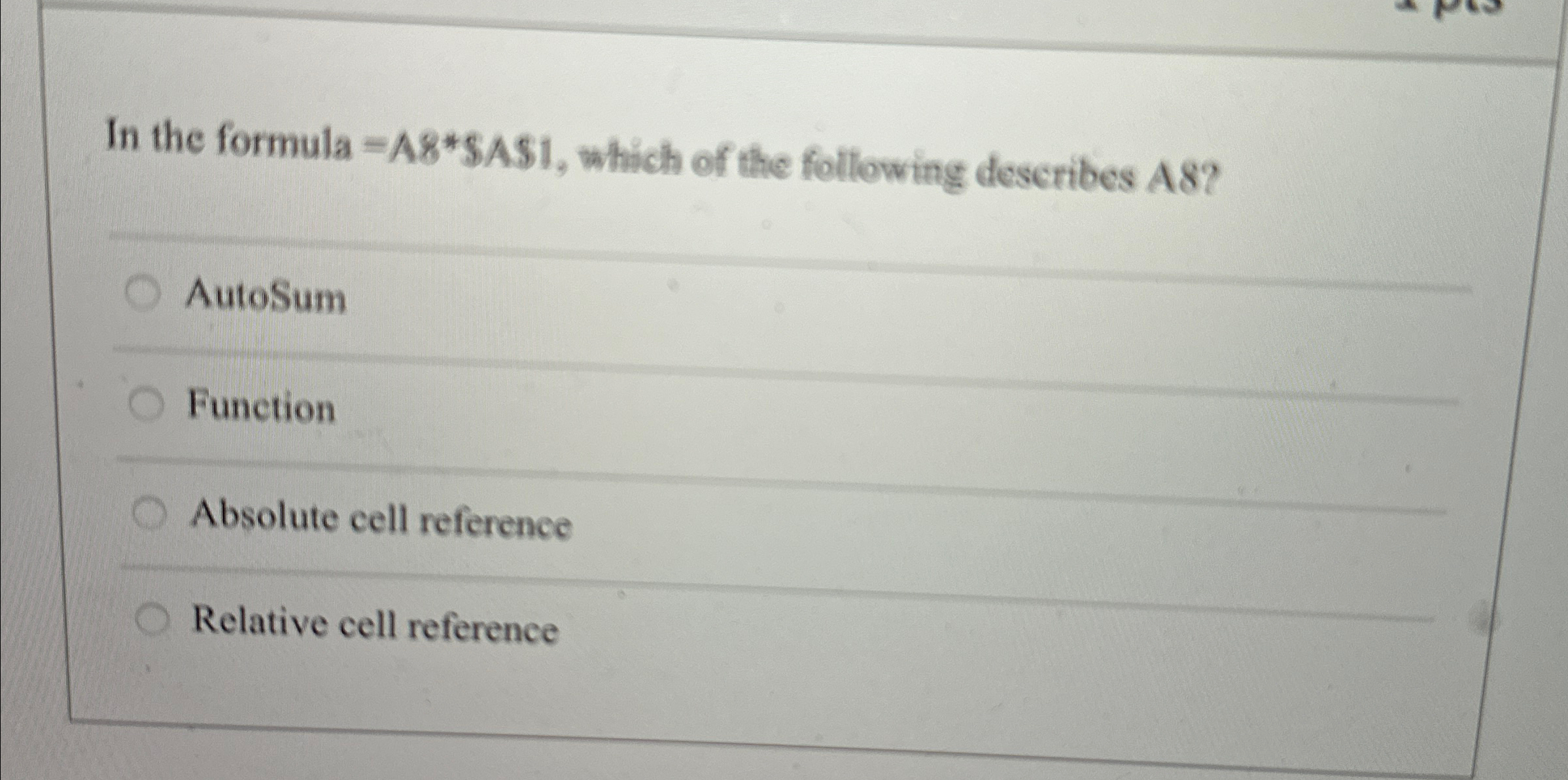 In the formula = A 8 * * S A S 1 , which of the
