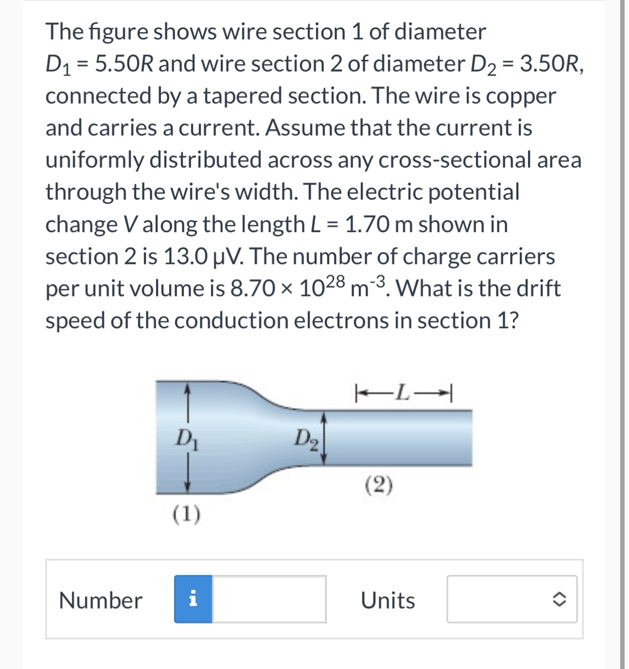 The figure shows wire section 1 of diameter D 1 =