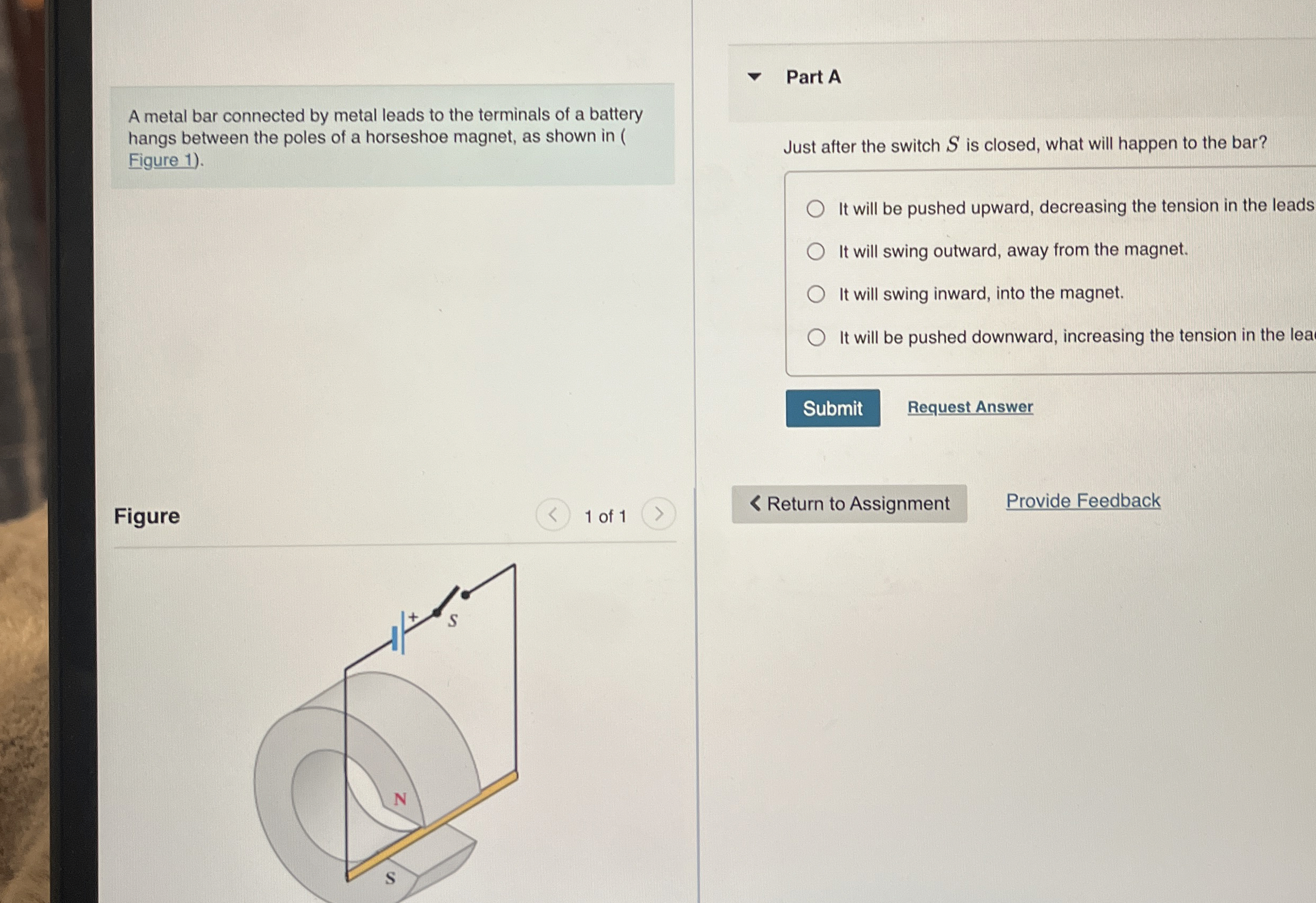 A metal bar connected by metal leads to the