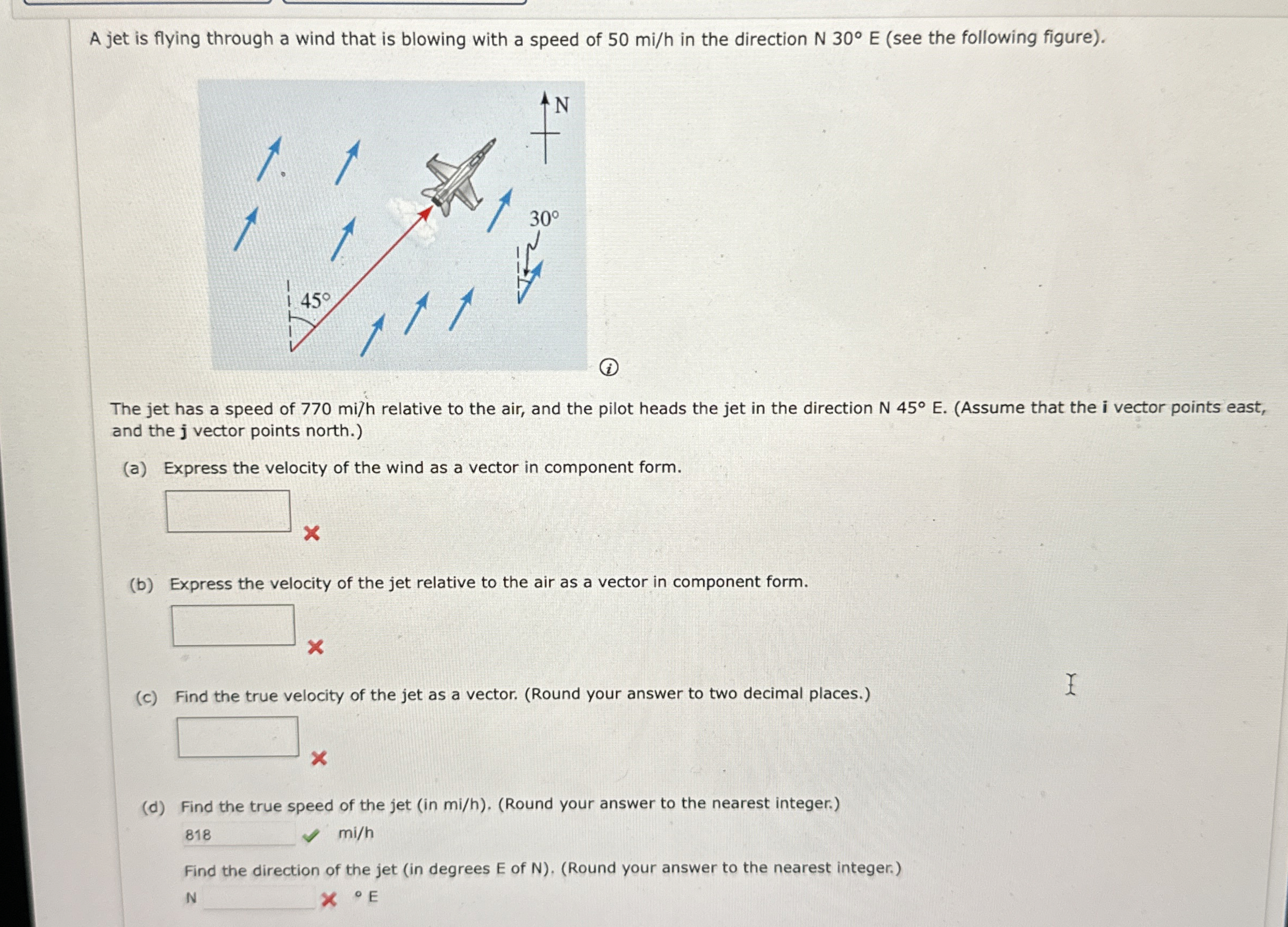 A jet is flying through a wind that is blowing