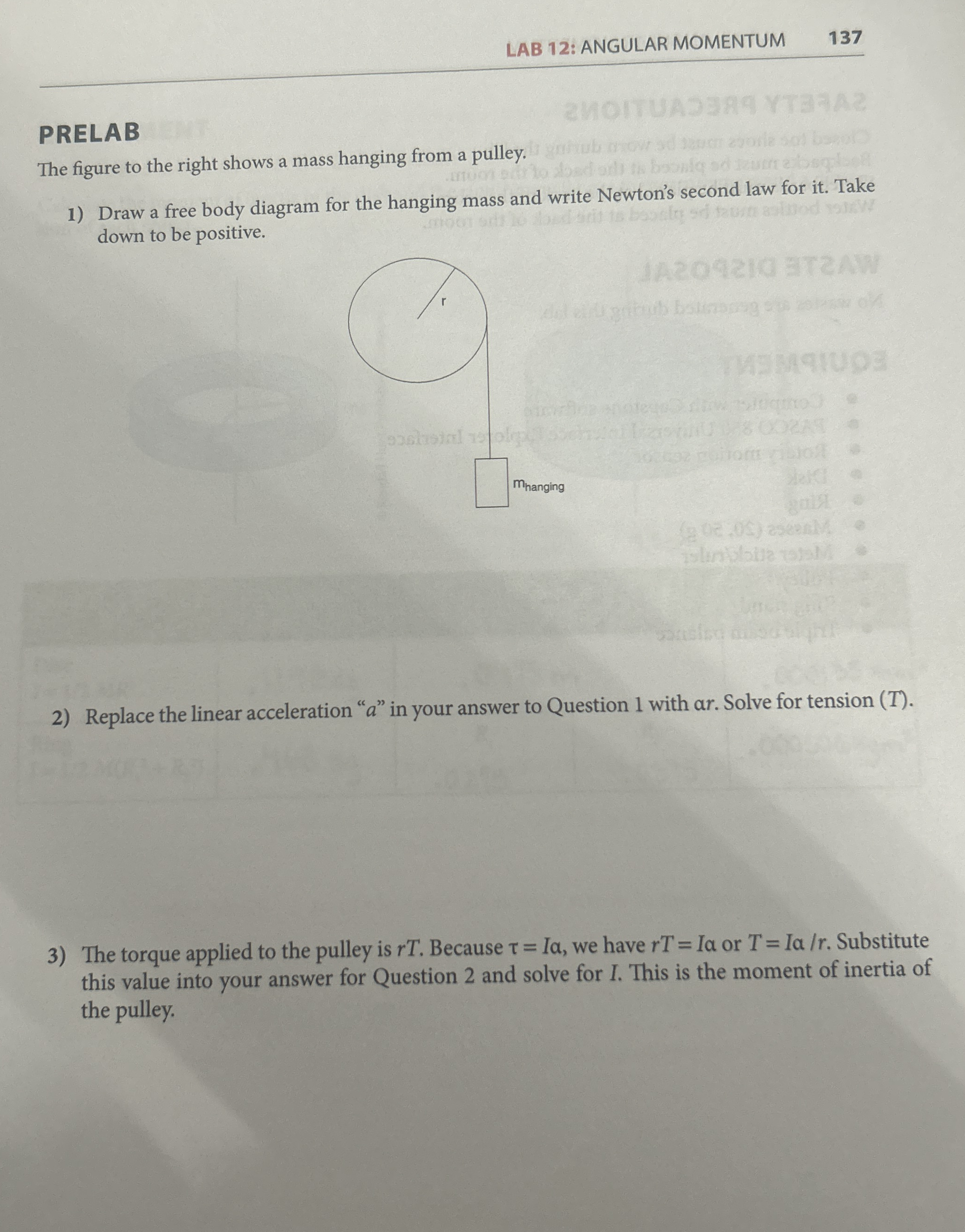 LAB 1 2 : ANGULAR MOMENTUM 1 3 7 PRELAB The