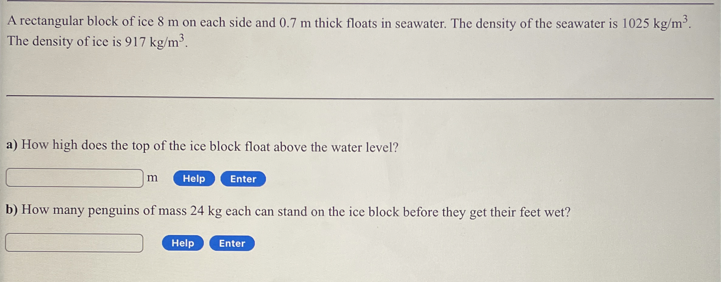 A rectangular block of ice 8 m on each side and 0