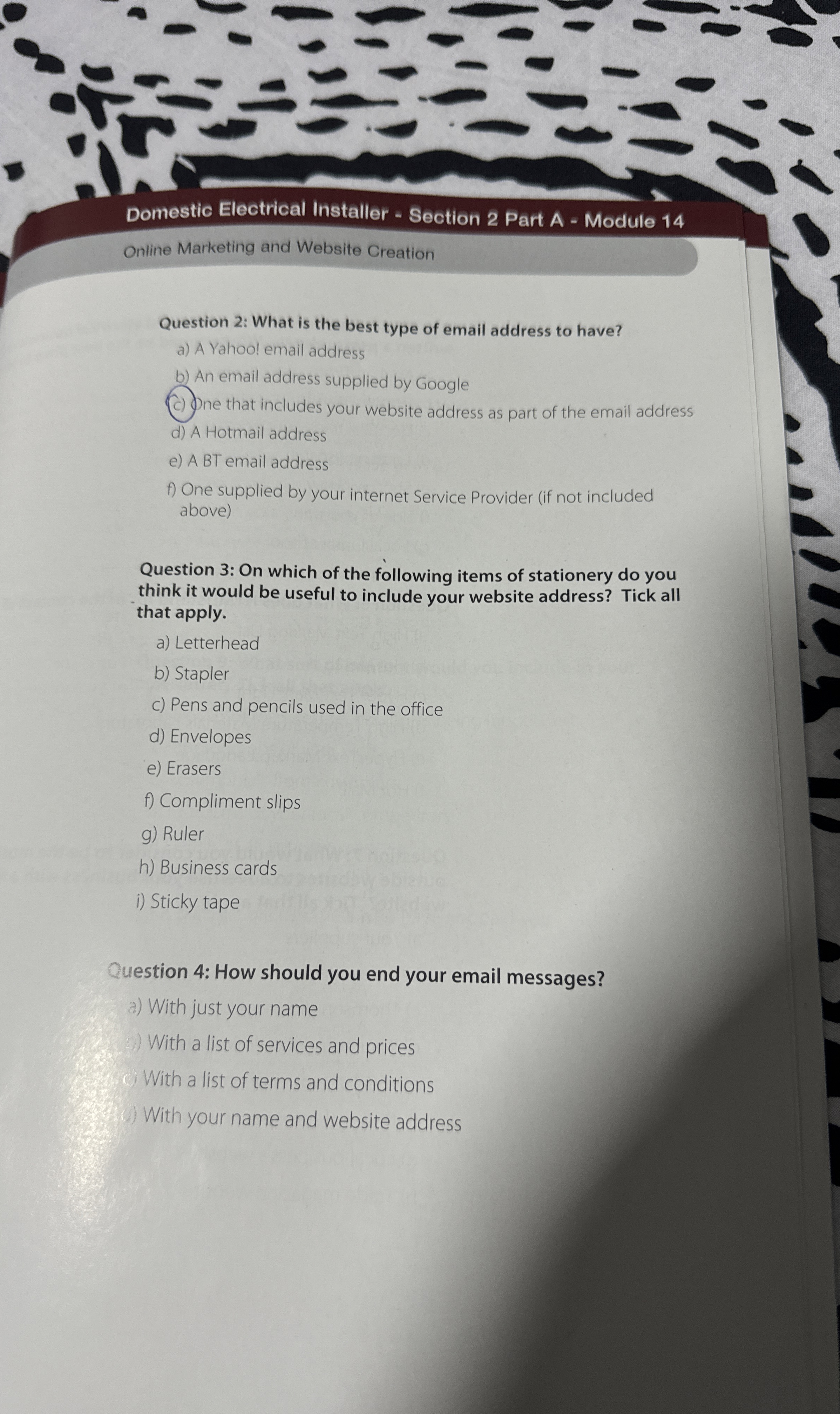 Domestic Electrical Installer - Section 2 Part A