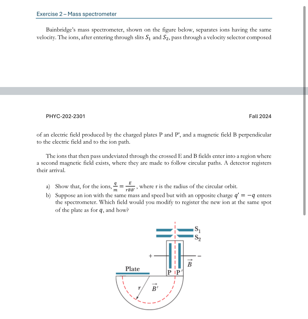 Exercise 2 - Mass spectrometer Bainbridge's mass
