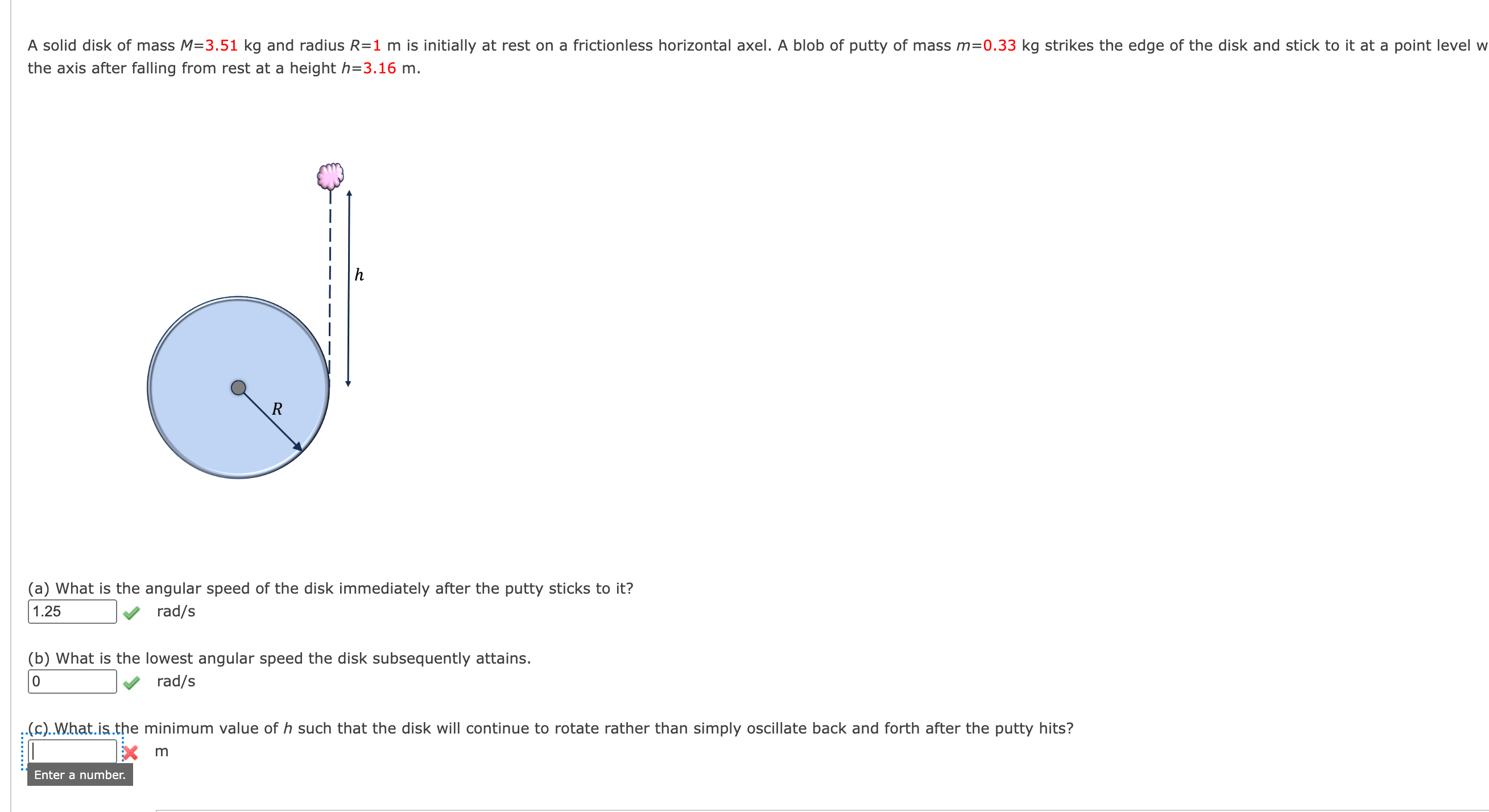 A solid disk of mass \ ( M = 3 . 5 1 \ mathrm {
