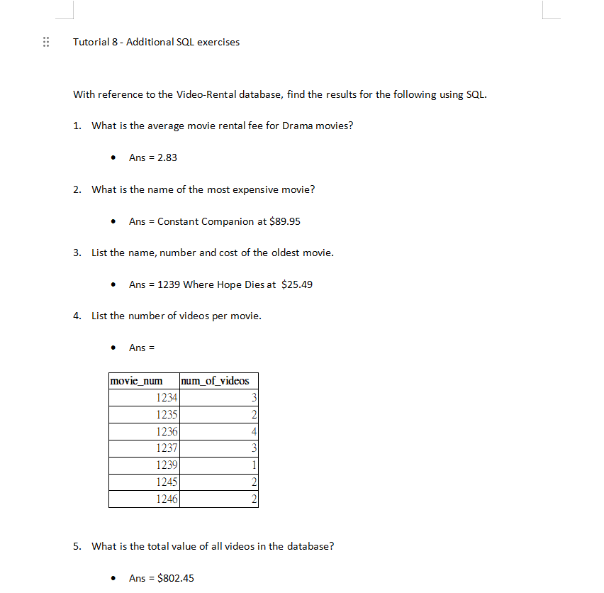 :: Tutorial 8 - Additional SQL exercises With