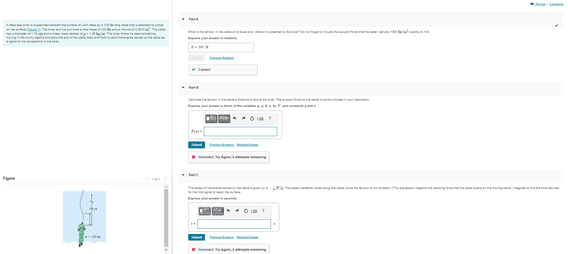 A deep - sea diver is suspended beneath the