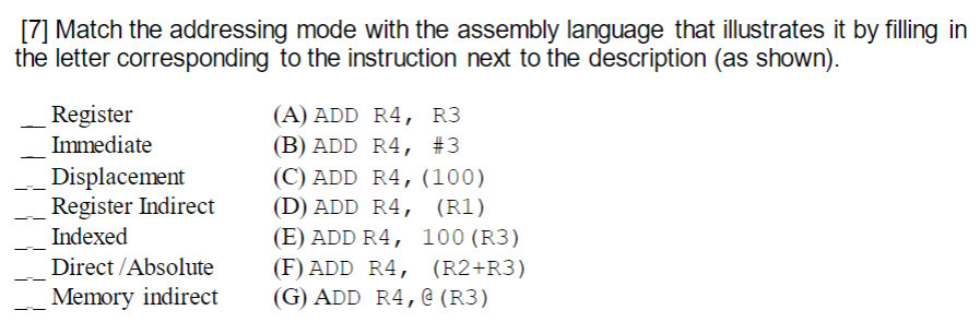 [ 7 ] Match the addressing mode with the assembly