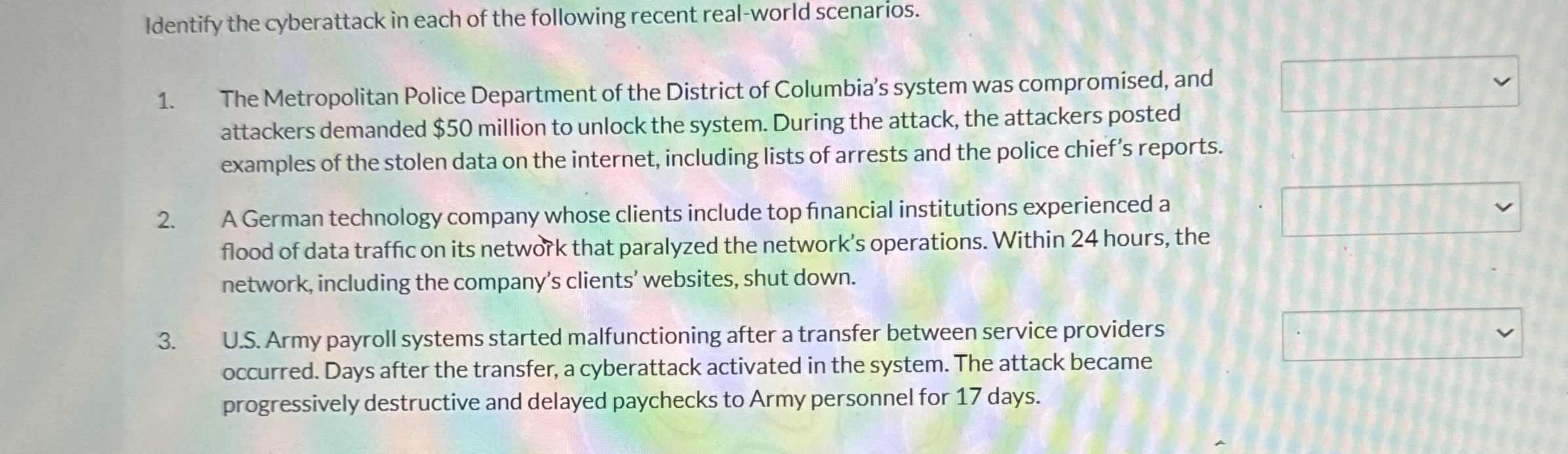 Identify the cyberattack in each of the following