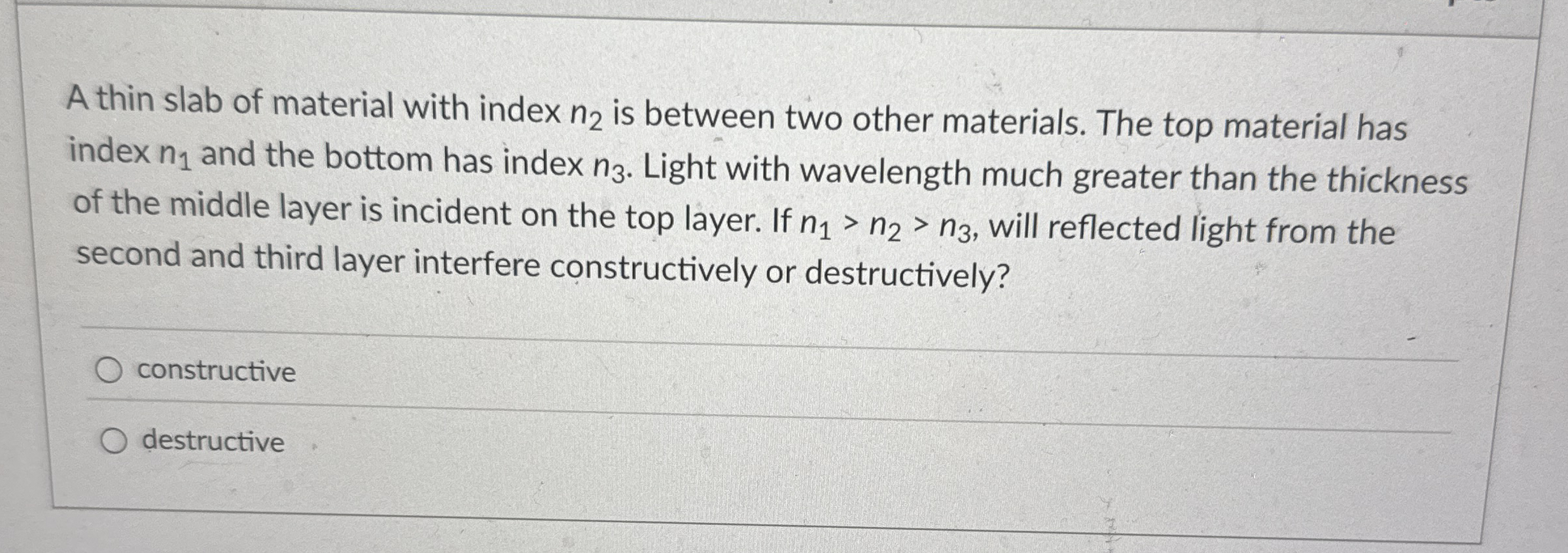 A thin slab of material with index n 2 is between